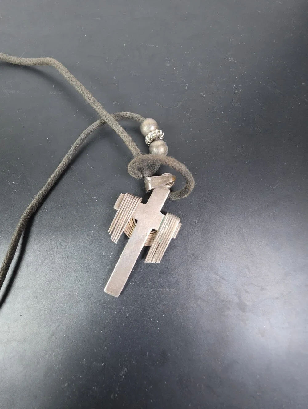 Vintage Sterling Silver Jesus Crucifix On Leather Cord
